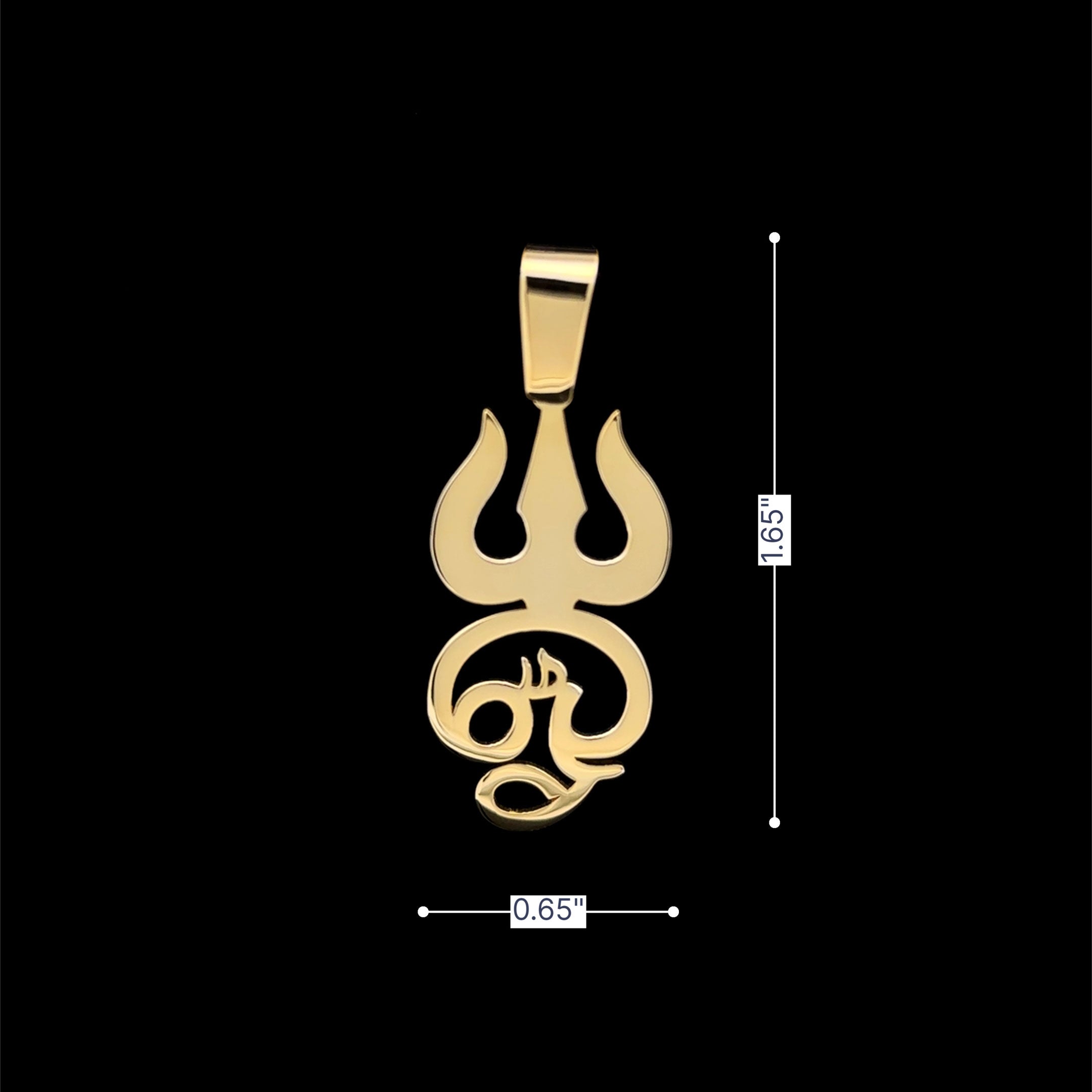 Gold Tamil Om Trishul pendant measurements on a black background