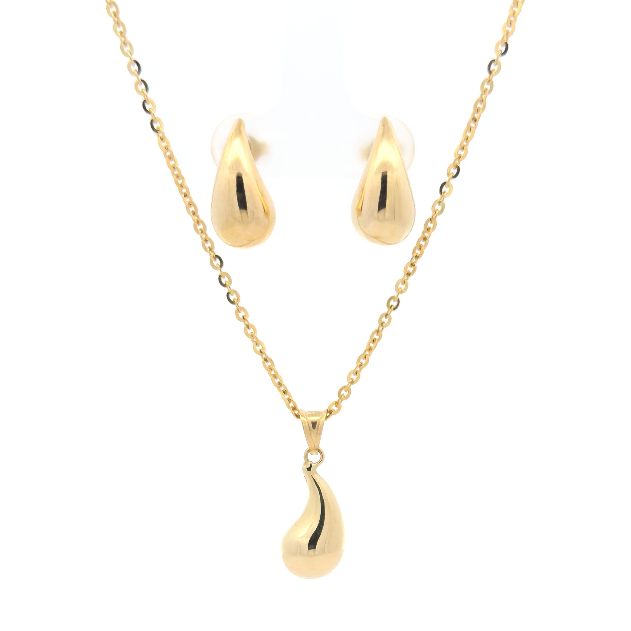 10k Yellow Gold Teardrop Puff Earrings & Necklace Set