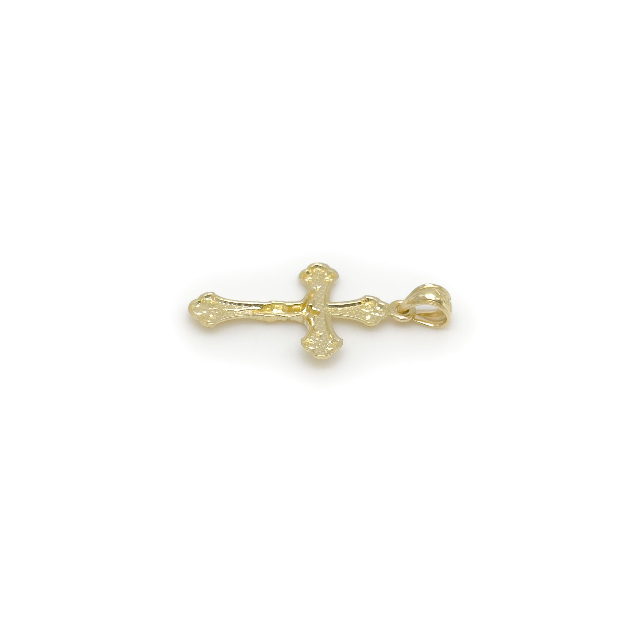 10k yellow gold crucifix trinity style cross pendant on white background back