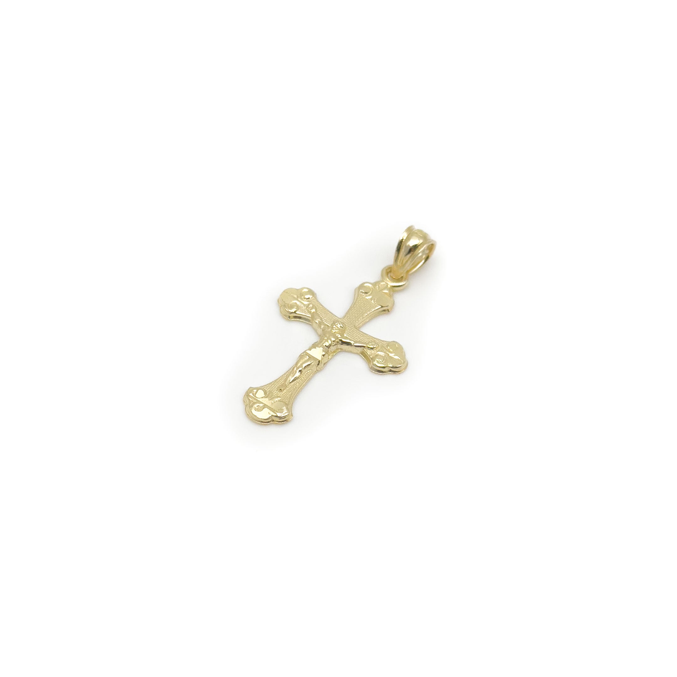 10k yellow gold crucifix trinity style cross pendant on white background