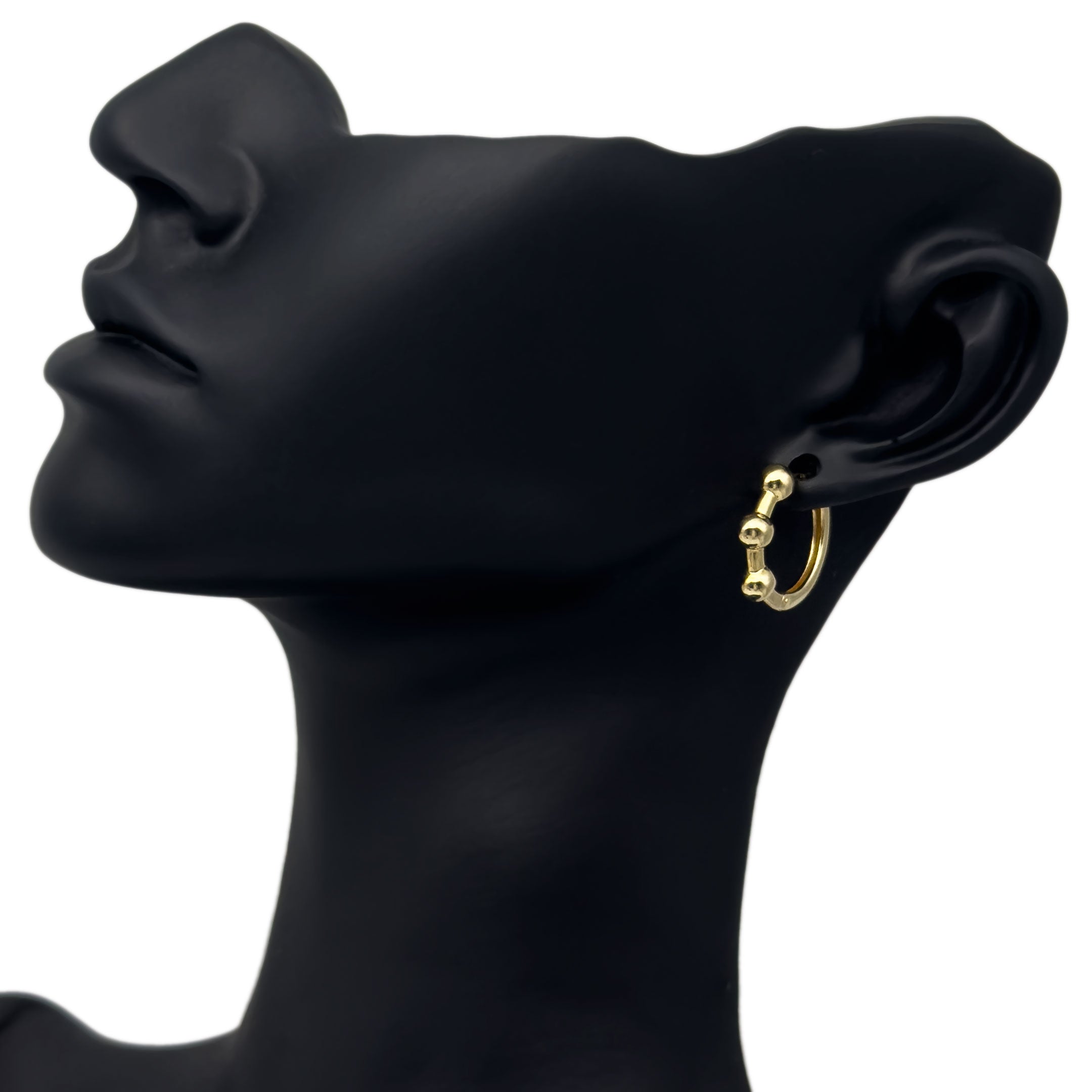 14k Yellow Gold Triple Ball Hoop Earrings on Black Mannequin Display