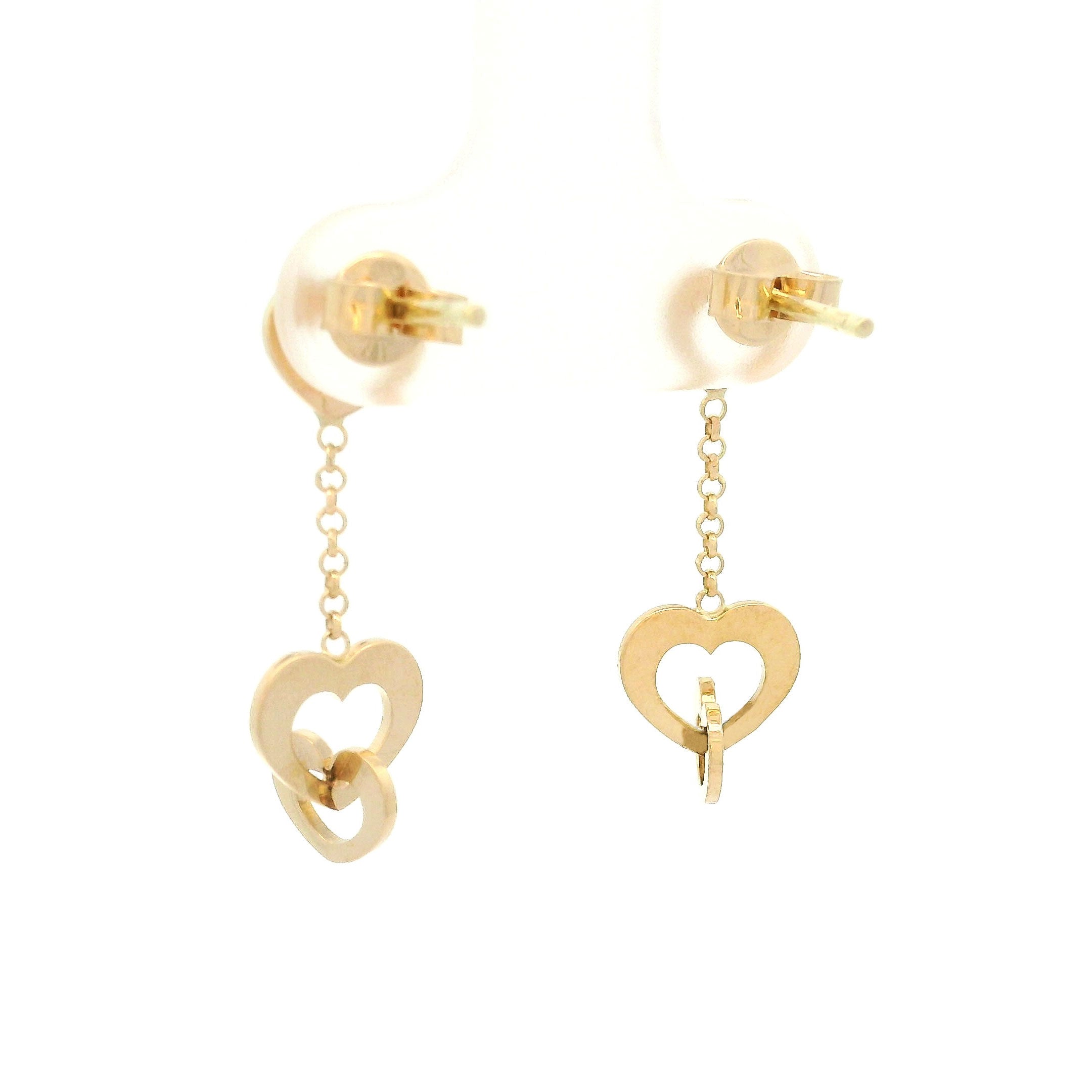 14k yellow gold triple heart and chain hanging earrings on white background back