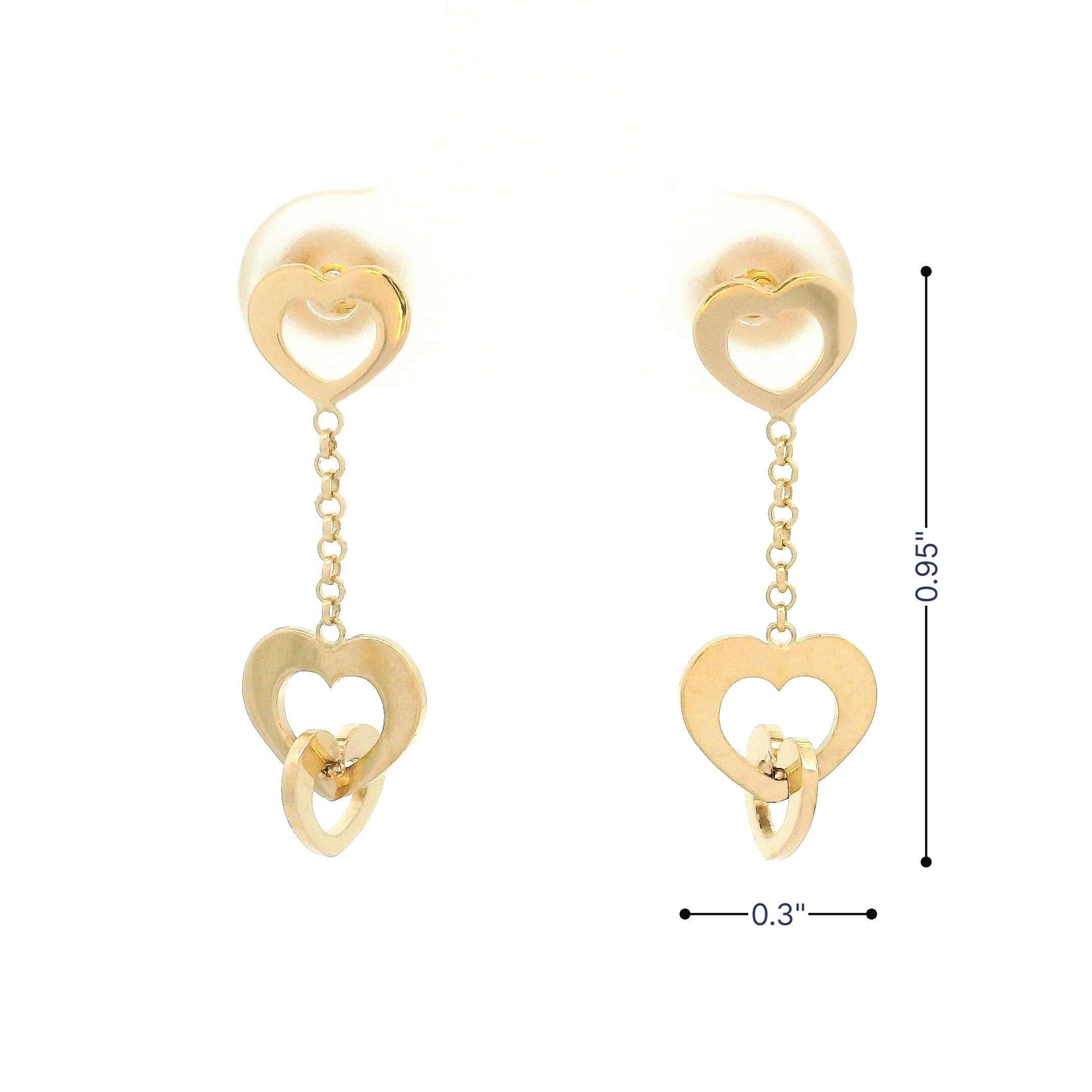 14k yellow gold triple heart and chain hanging earrings on white background front with size