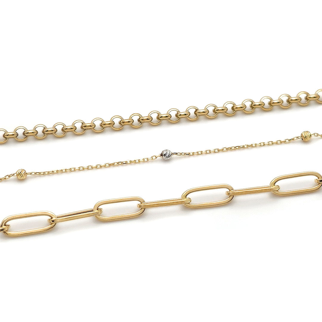 14k Triple Layered Rolo, Fancy Link & Cable Paper Clip Necklace