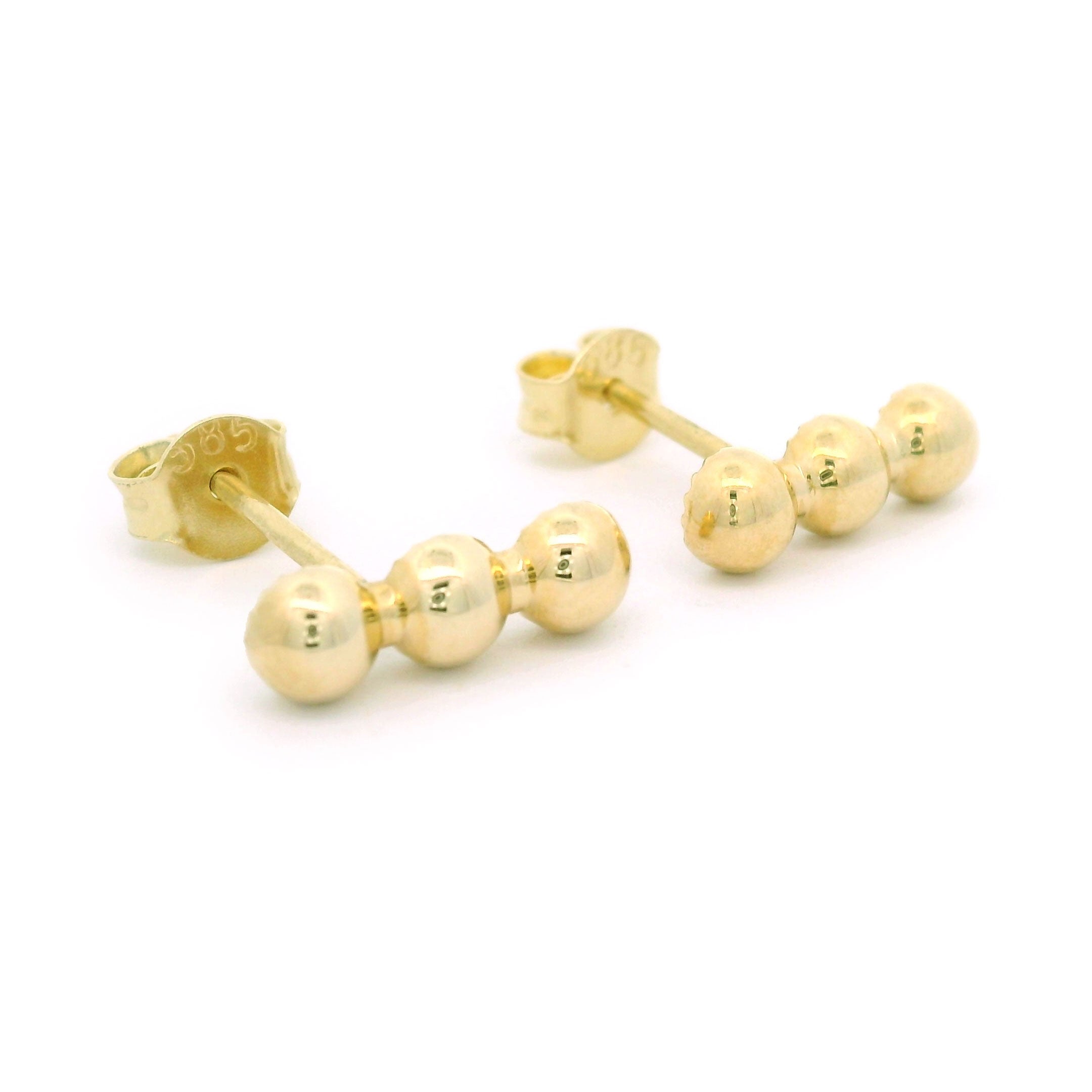 14k Yellow Gold Triple Ball Stud Earrings Side