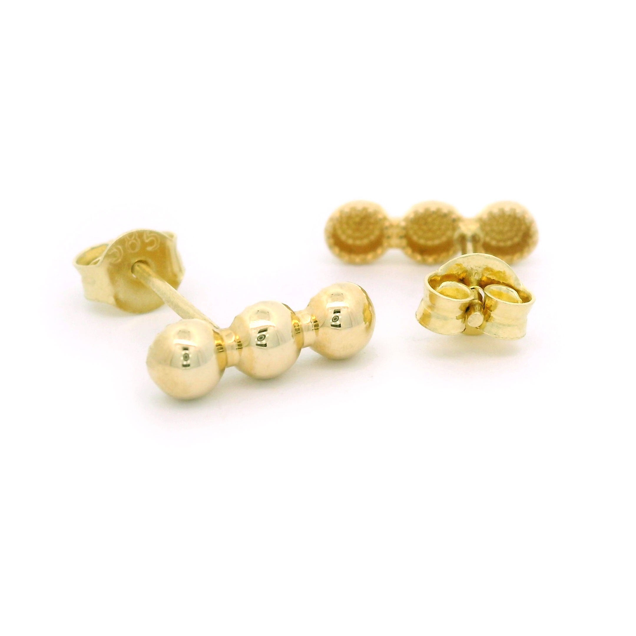 14k Yellow Gold Triple Ball Stud Earrings Back