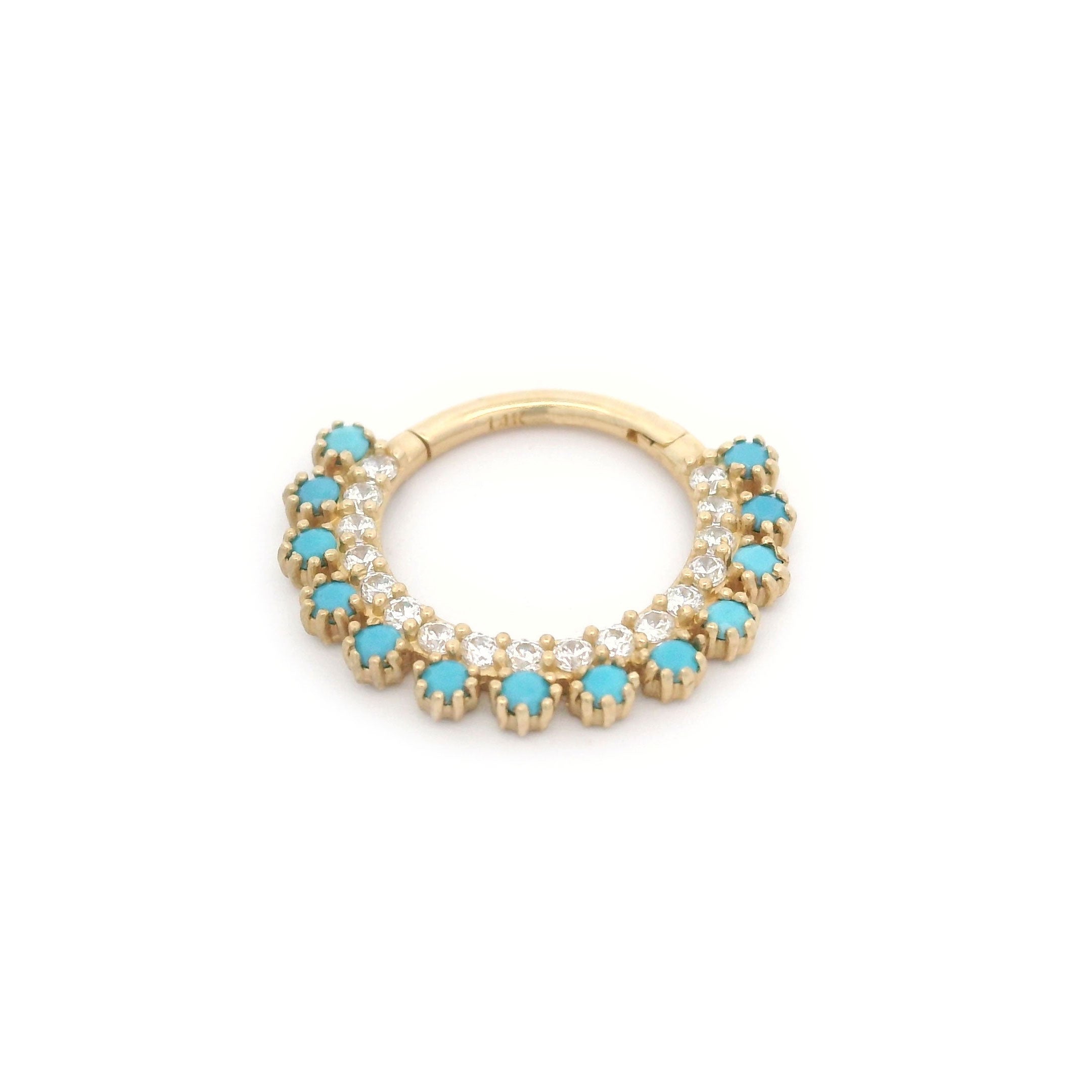 14k CZ & Turquoise Vintage Circle Design Seamless Clicker Ring on White Background