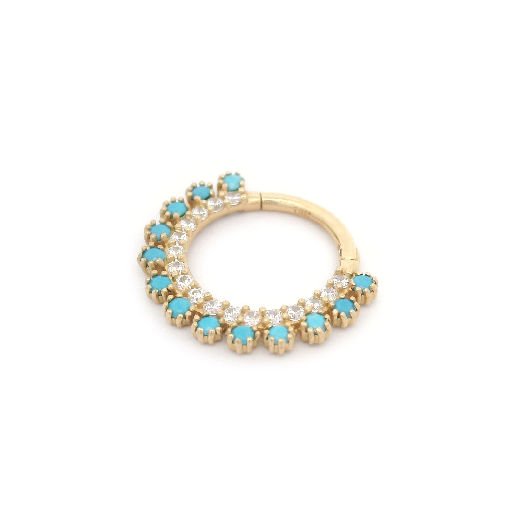 14k CZ & Turquoise Vintage Circle Design Seamless Clicker Ring on White Background Side