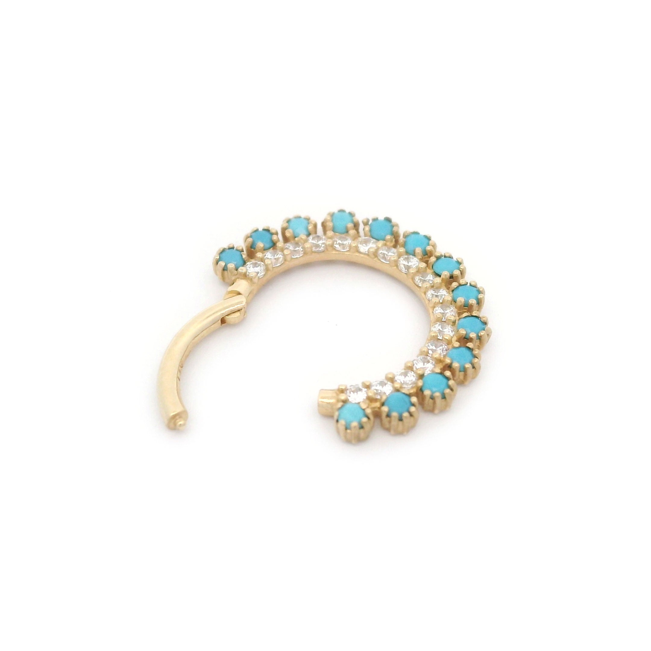 14k CZ & Turquoise Vintage Circle Design Seamless Clicker Ring on White Background Opened