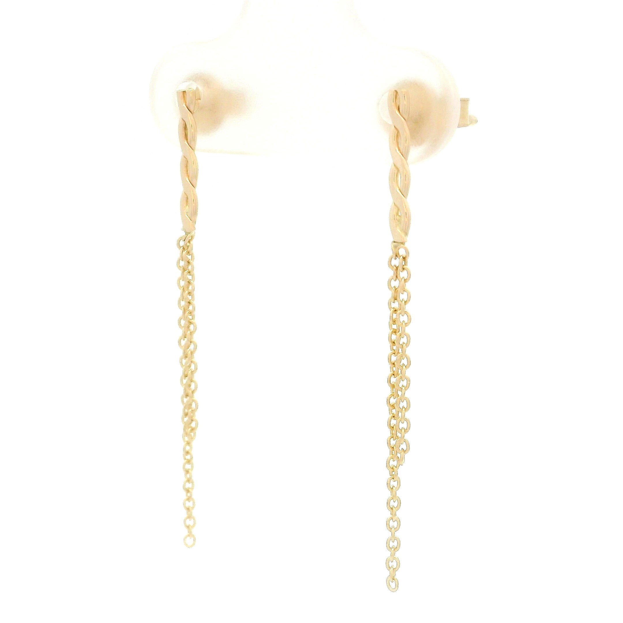 14k yellow gold twist and double chain hanging earrings on white background