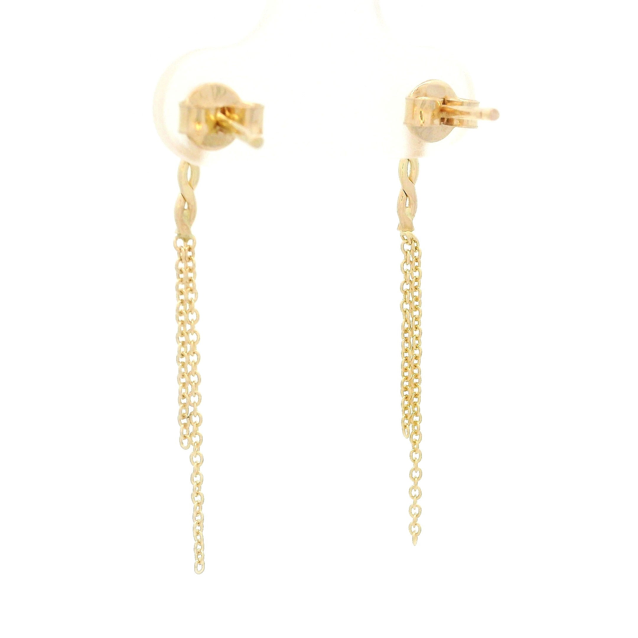 14k yellow gold twist and double chain hanging earrings on white background back view