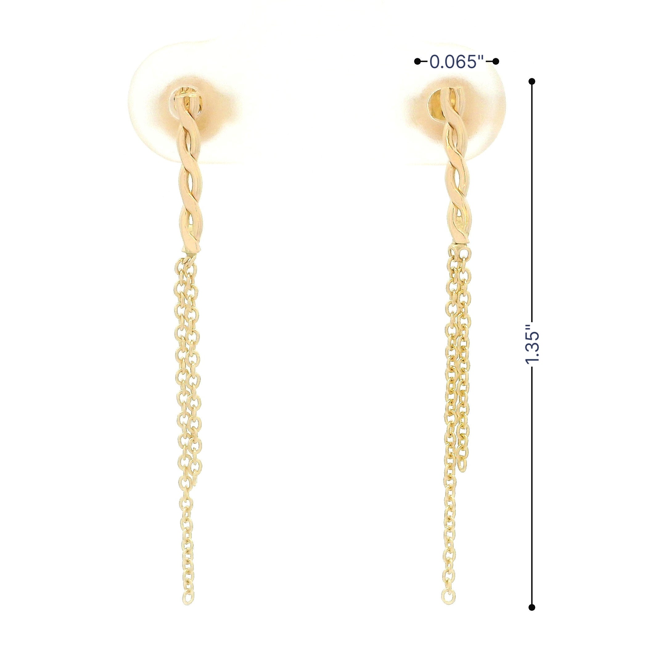 14k yellow gold twist and double chain hanging earrings on white background front view with size