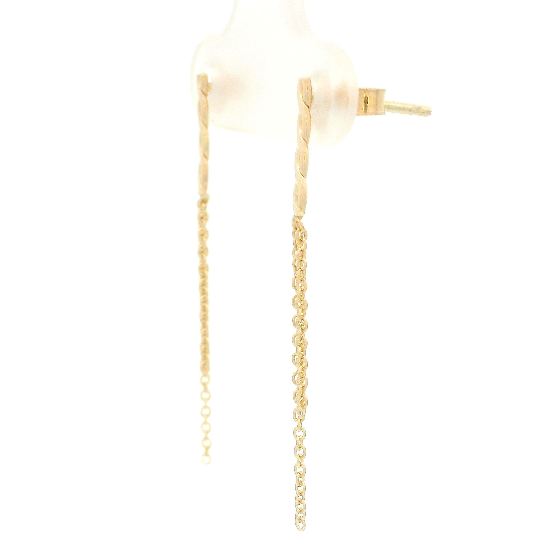 14k yellow gold twist and double chain hanging earrings on white background side view