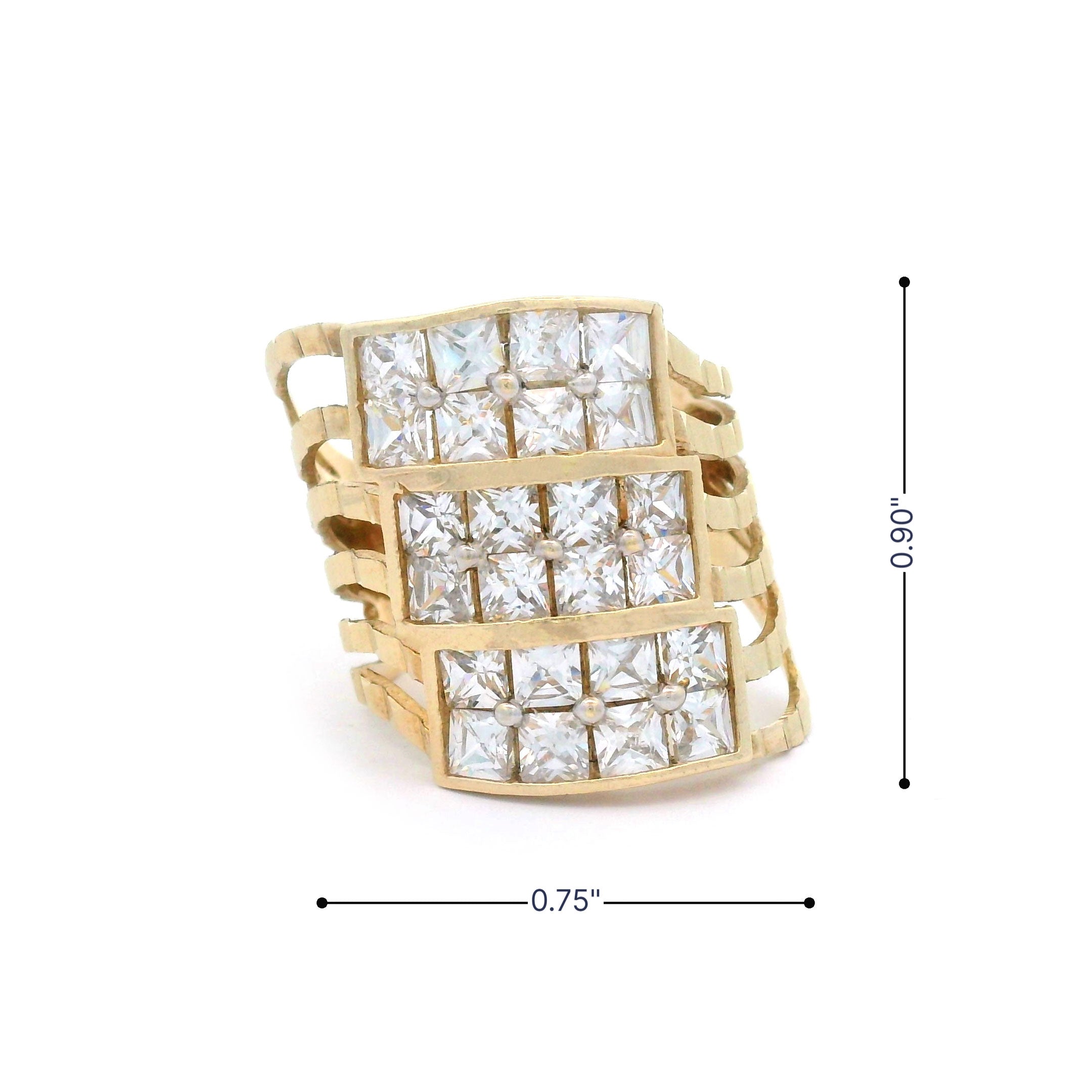 Gold ring with square-cut diamonds on a white background size