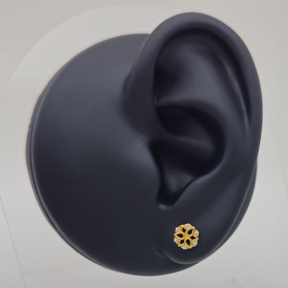 14k CZ Fancy Round Design Stud Earrings on Ear Display