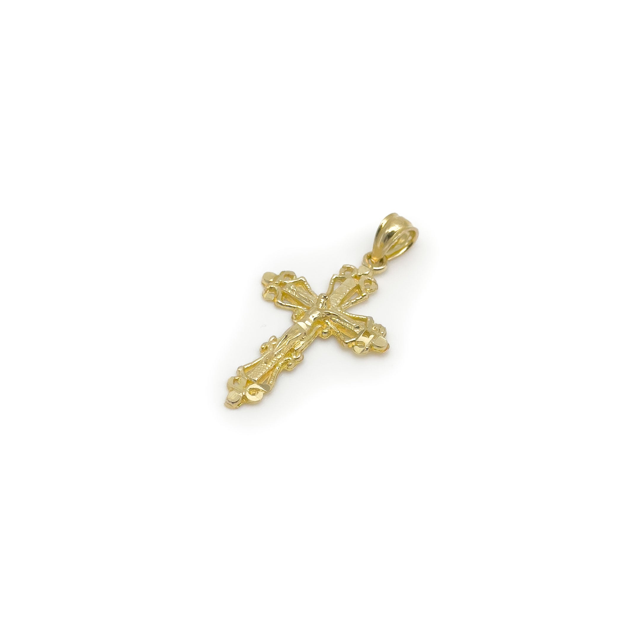 10k yellow gold vintage style crucifix cross pendant on white background