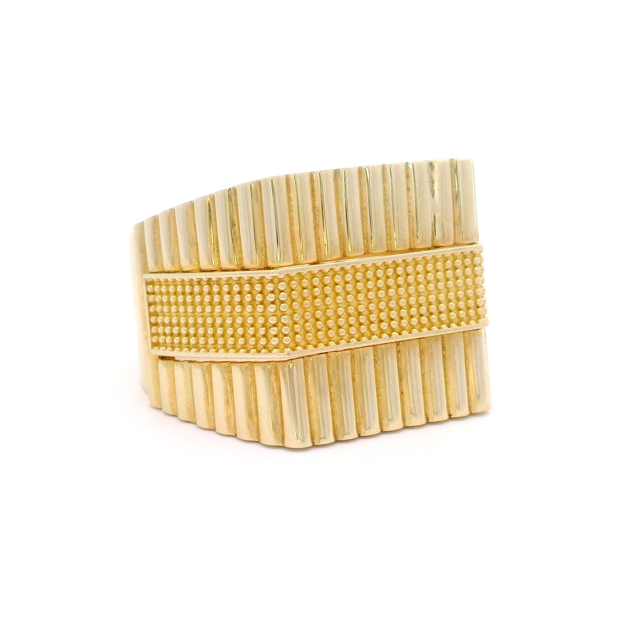 Solid 10k gold textured ring on a white background right