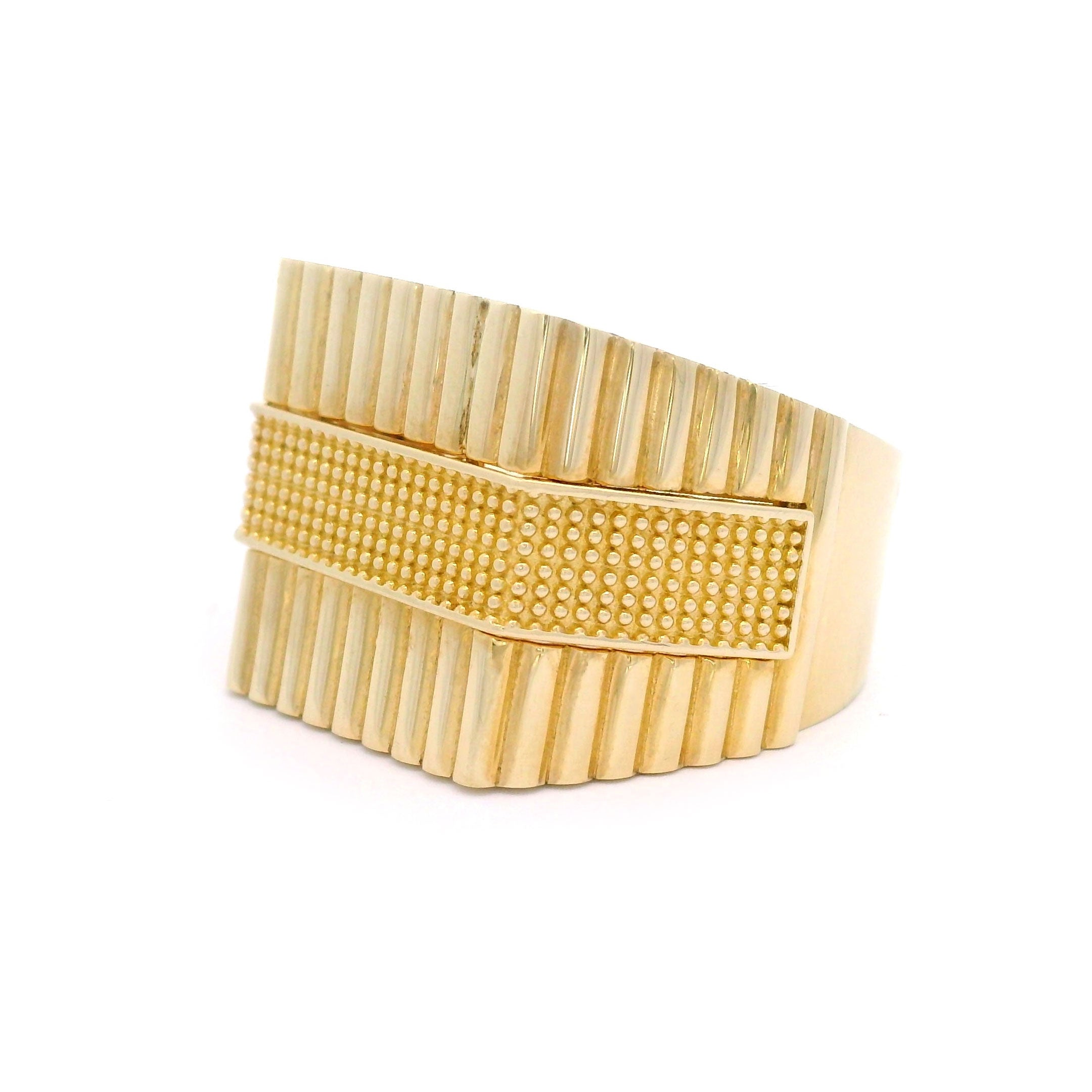 Solid 10k gold textured ring on a white background left