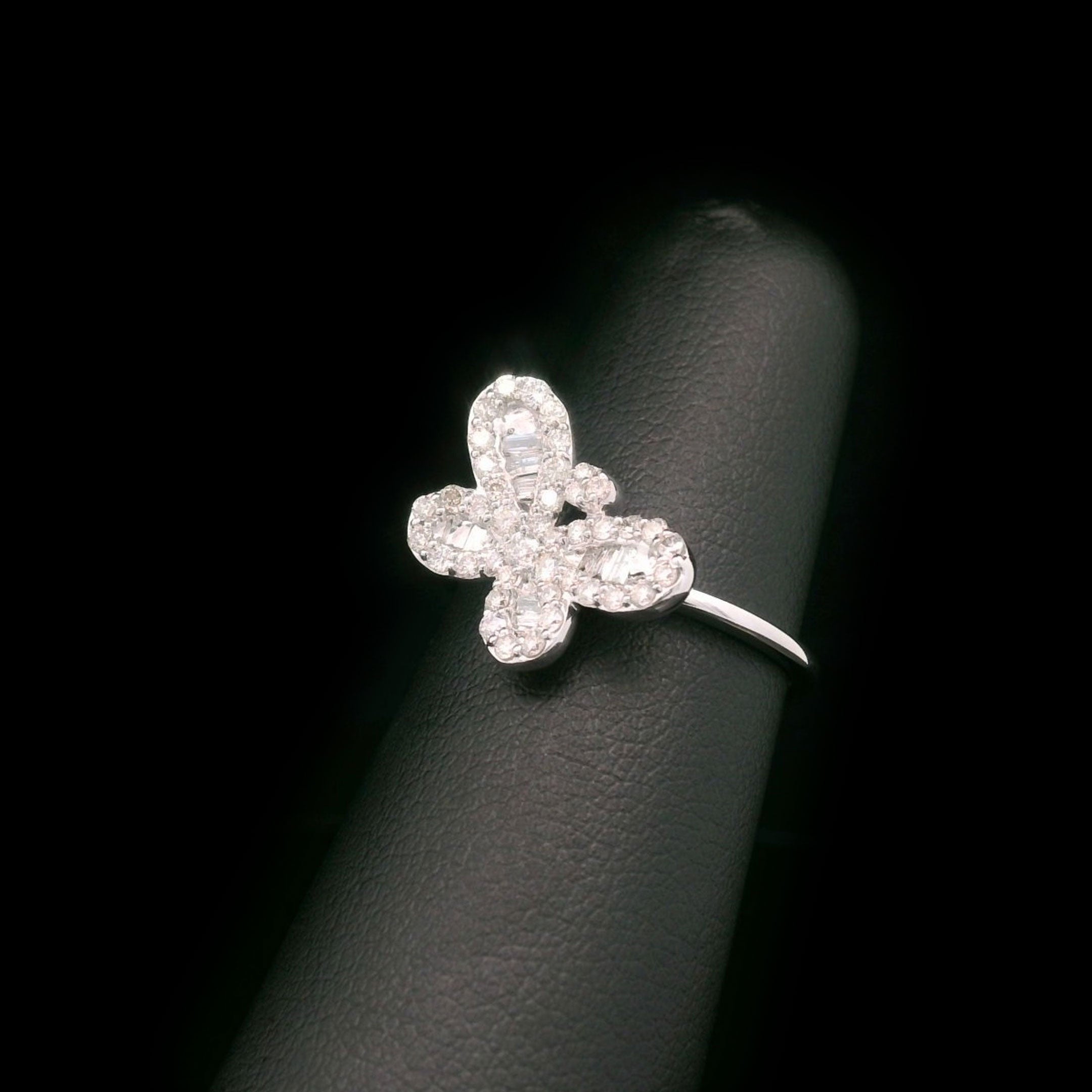 Diamond Butterfly Twist Ring in 10k White Gold on Finger Display Side