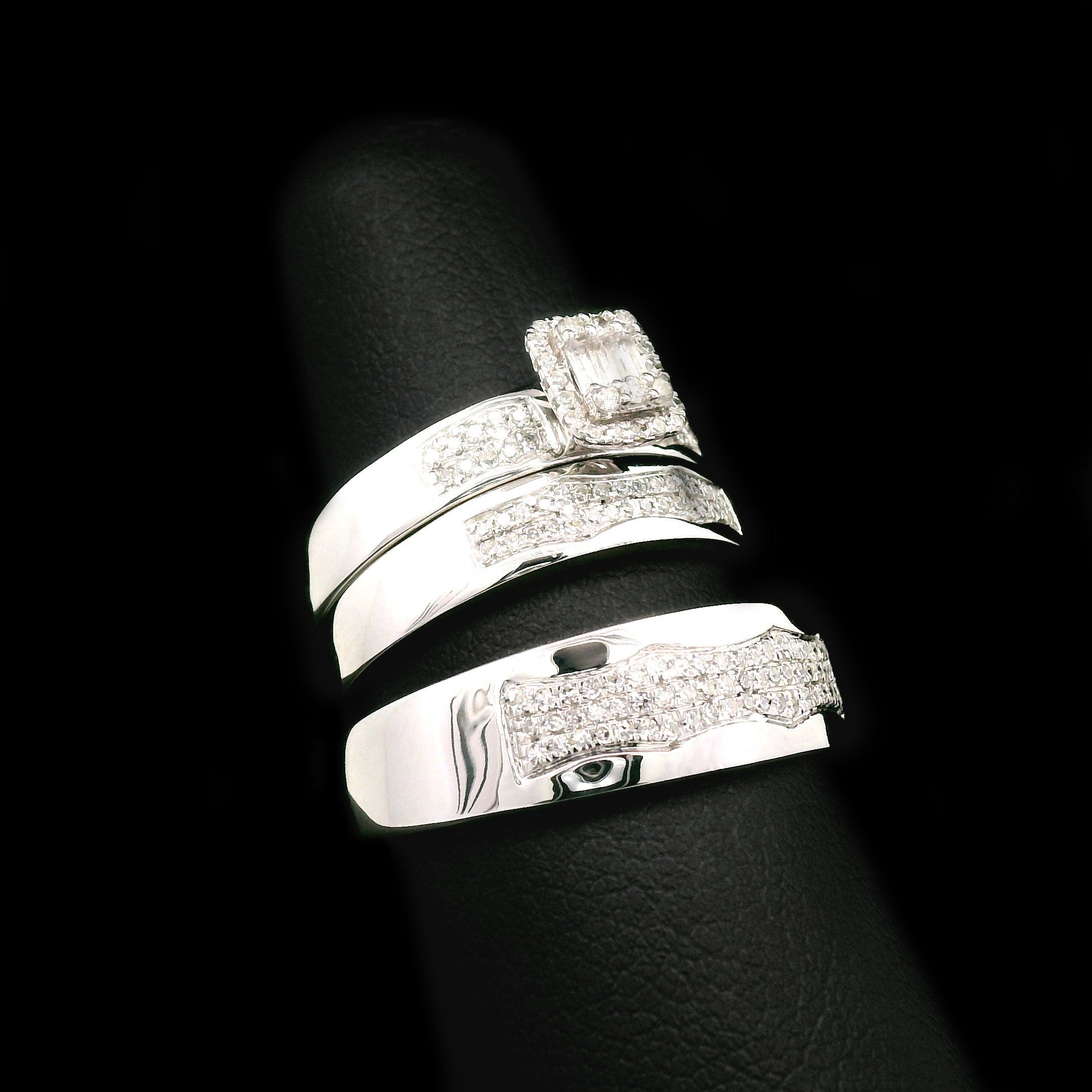 Diamond Radiant Cluster Trio Wedding Set 10k White Gold left side
