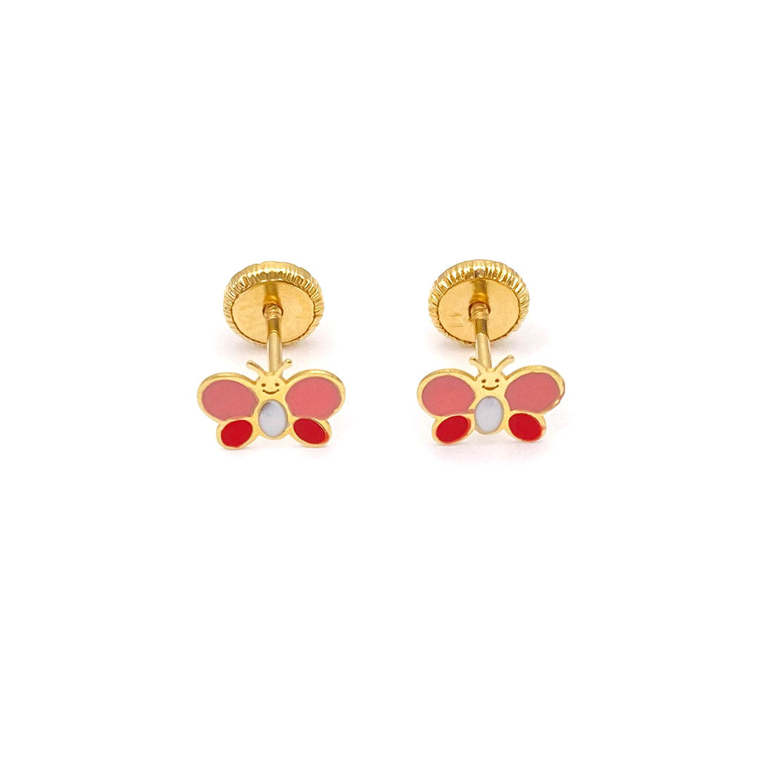 14k Screw Back Pink White & Red Butterfly Baby/Kids Earrings