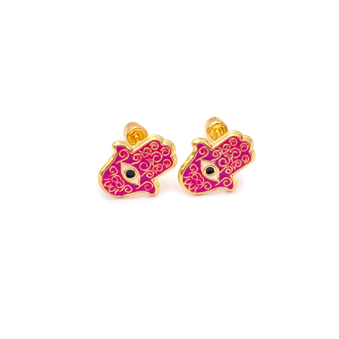 14k Screw Back Enamel Filigree Hamsa Hand Baby/Kids Earrings