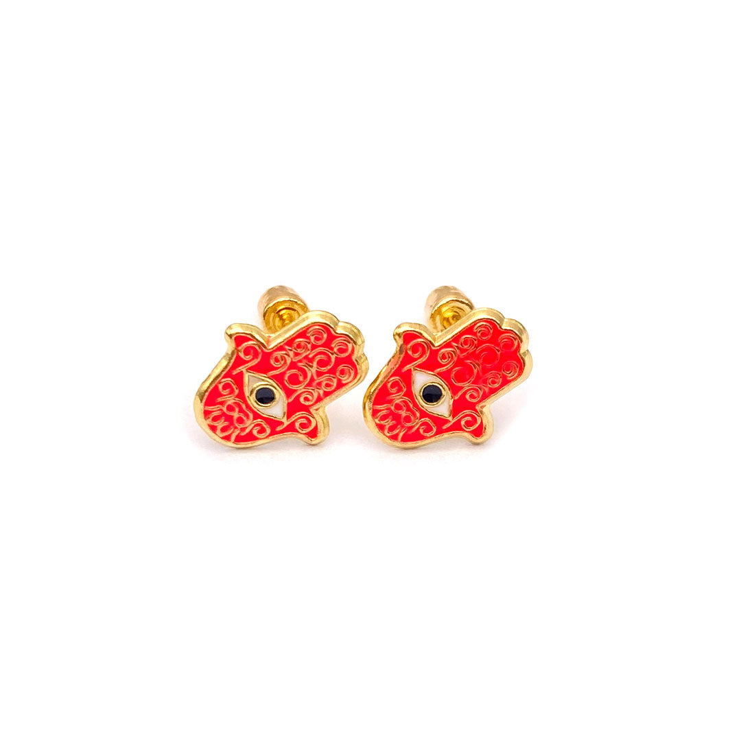 14k Screw Back Enamel Filigree Hamsa Hand Baby/Kids Earrings