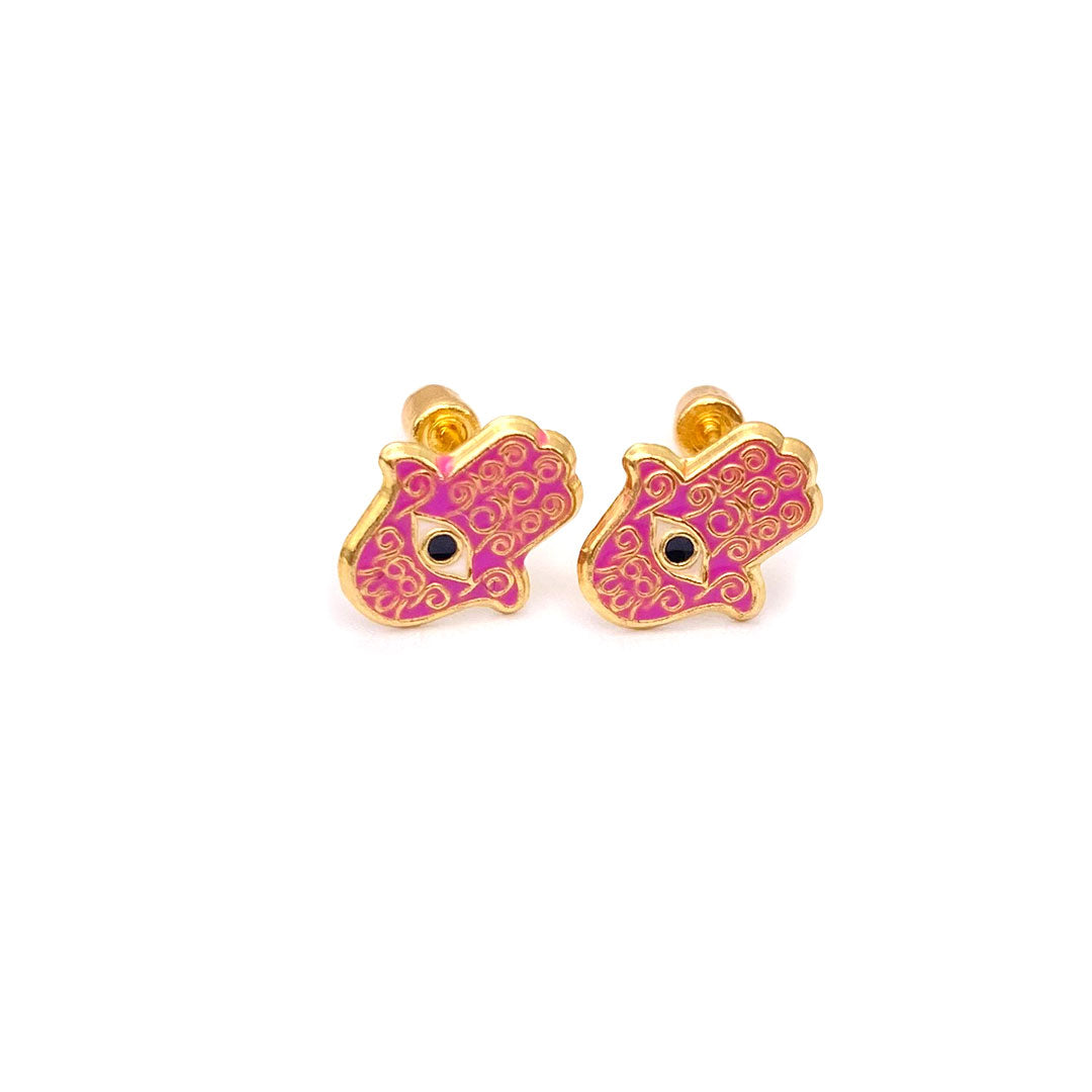 14k Screw Back Enamel Filigree Hamsa Hand Baby/Kids Earrings