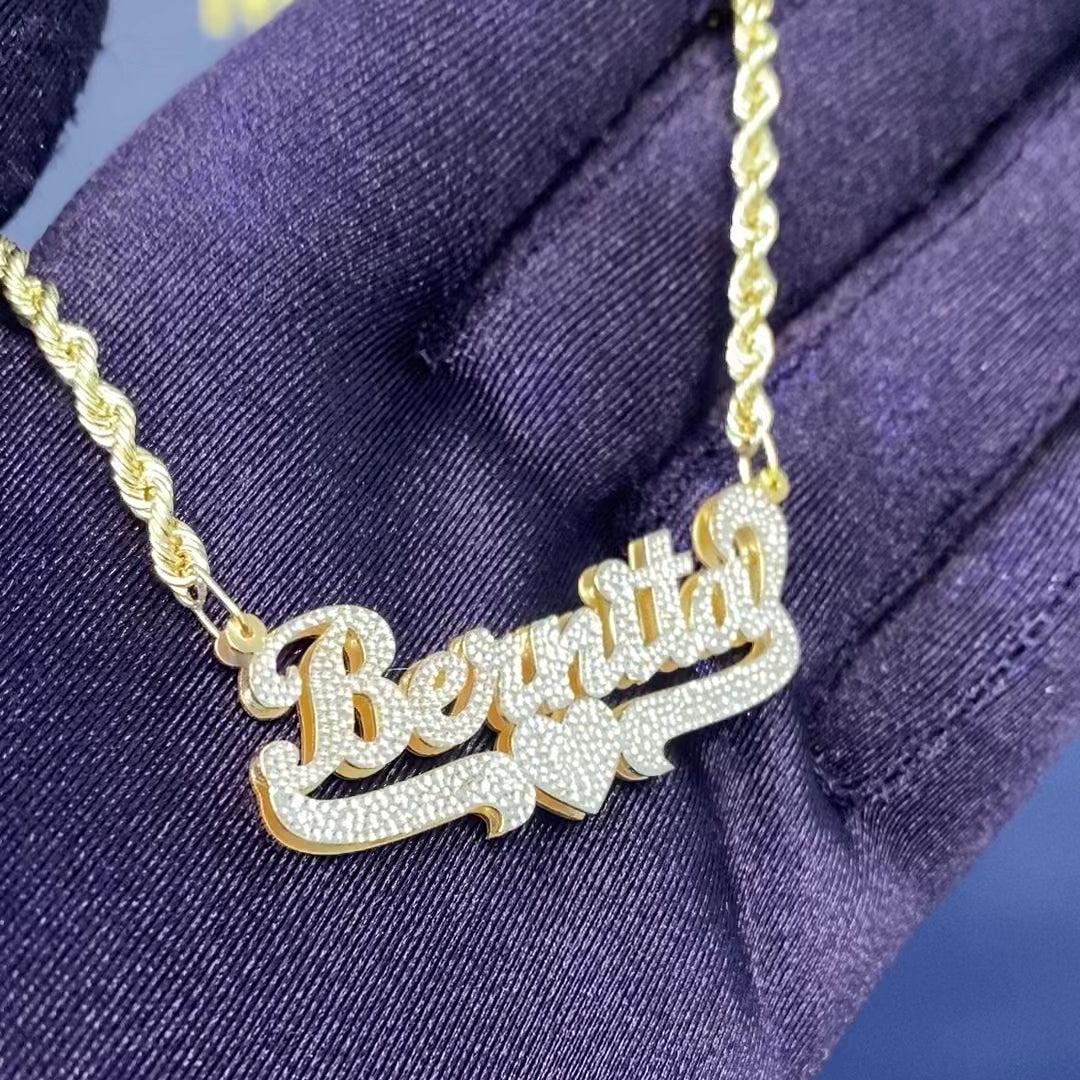 Personalized Diamond Cut Cursive Double Name Plate Pendant with Heart Underline