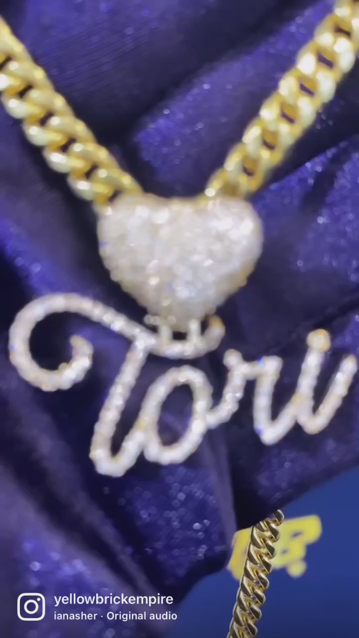 Custom Diamond Heart Puff & Cursive Personalized Name Pendant