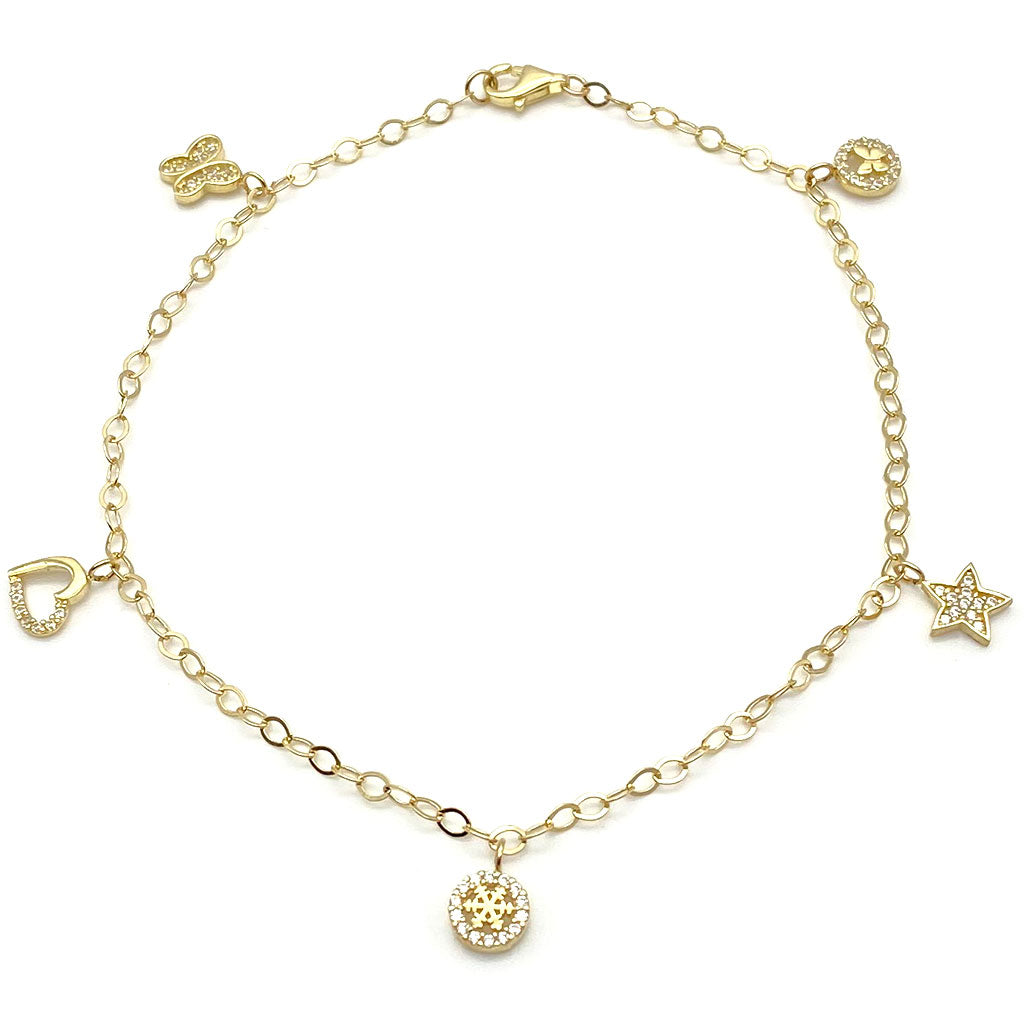 10k CZ Butterfly, Star, Snowflake & Heart Charm Anklet