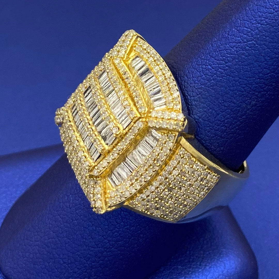 Baguette & Round Diamond Men's Ring 10k Yellow Gold 2.20ct