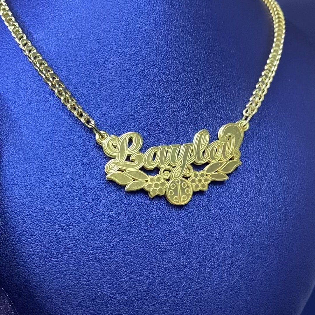 Personalized Cursive Double Name Plate Pendant with Ladybug & Flower Underline