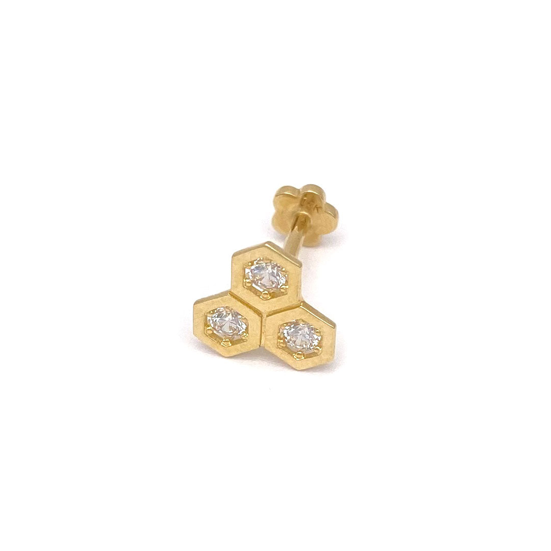 14k CZ Bee Hive Internal Threaded Stud L