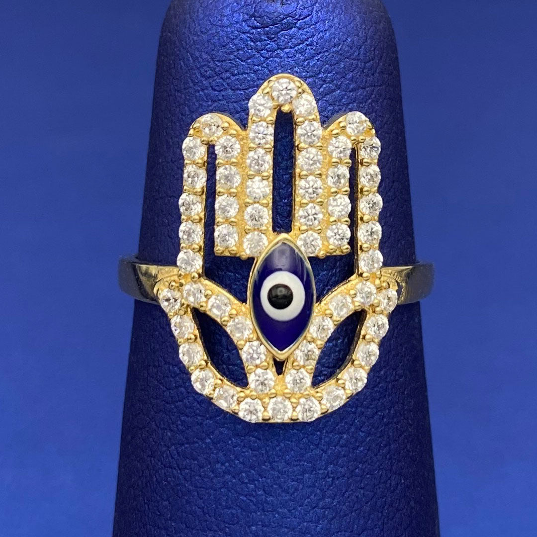 14k CZ & Blue Enamel Evil Eye Hamsa Hand Ring