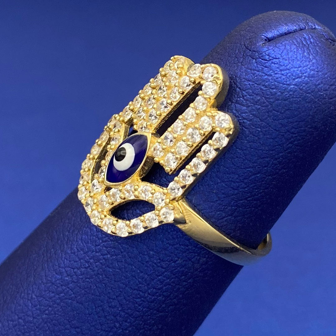 14k CZ & Blue Enamel Evil Eye Hamsa Hand Ring