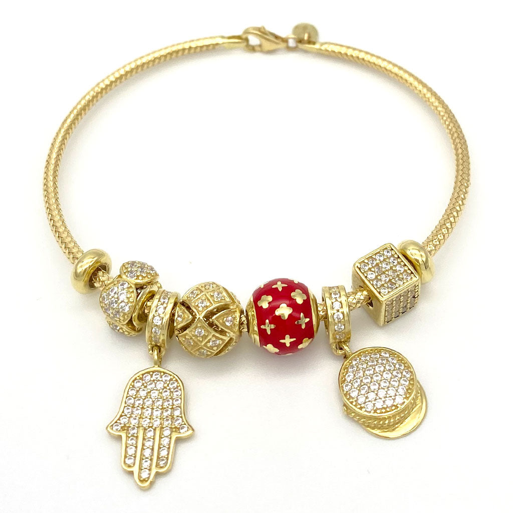 10k CZ Fancy Hamsa Hand & Hat Charm Bangle Bracelet