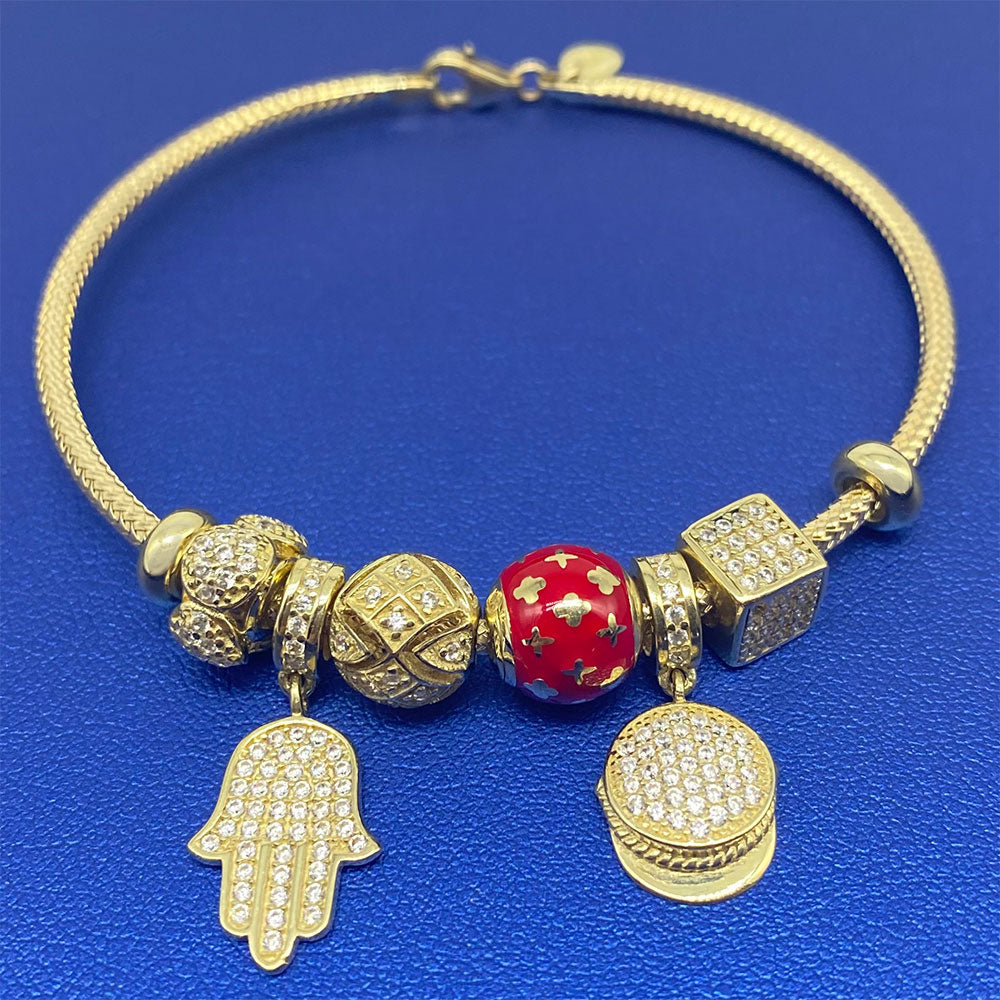 10k CZ Fancy Hamsa Hand & Hat Charm Bangle Bracelet Blue Background