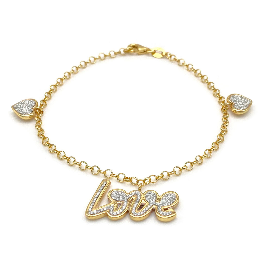 14k CZ Heart & Love Charm Bracelet