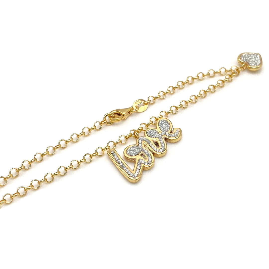 14k CZ Heart & Love Charm Bracelet close