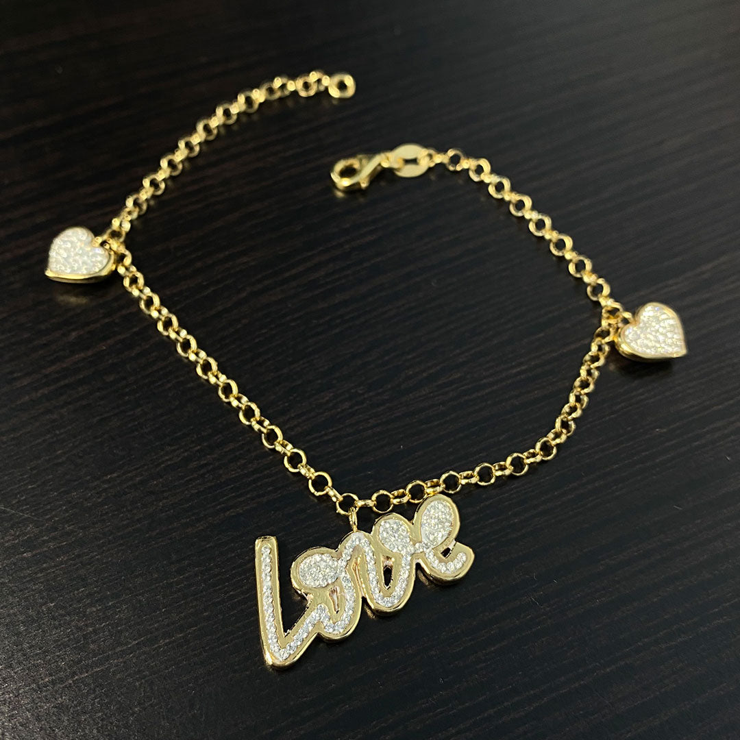 14k CZ Heart & Love Charm Bracelet opened