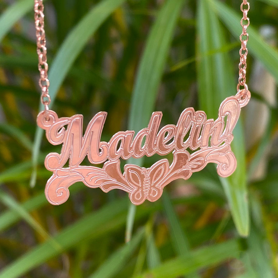 Personalized Cursive Name Plate Pendant with Butterfly Underline