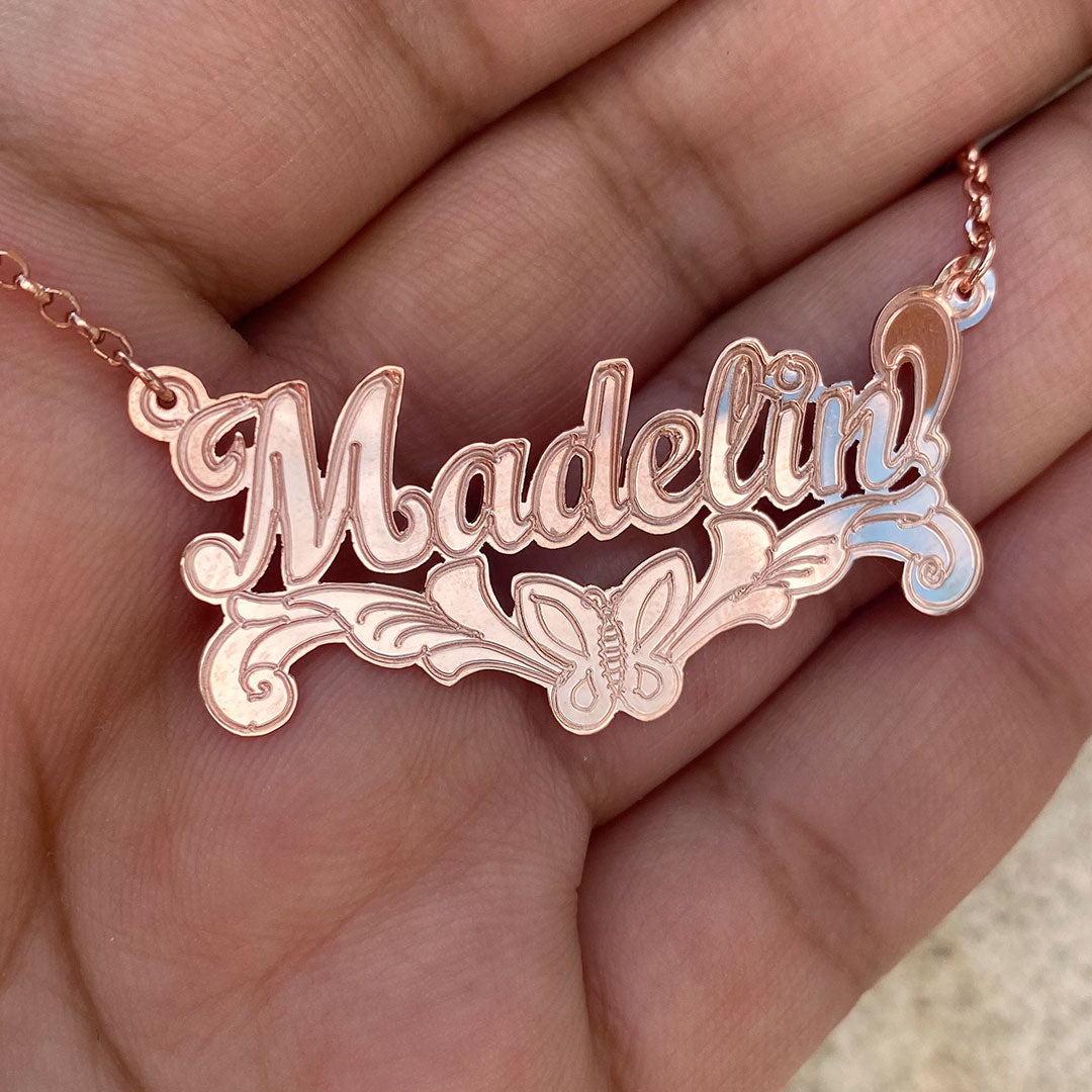 Personalized Cursive Name Plate Pendant with Butterfly Underline