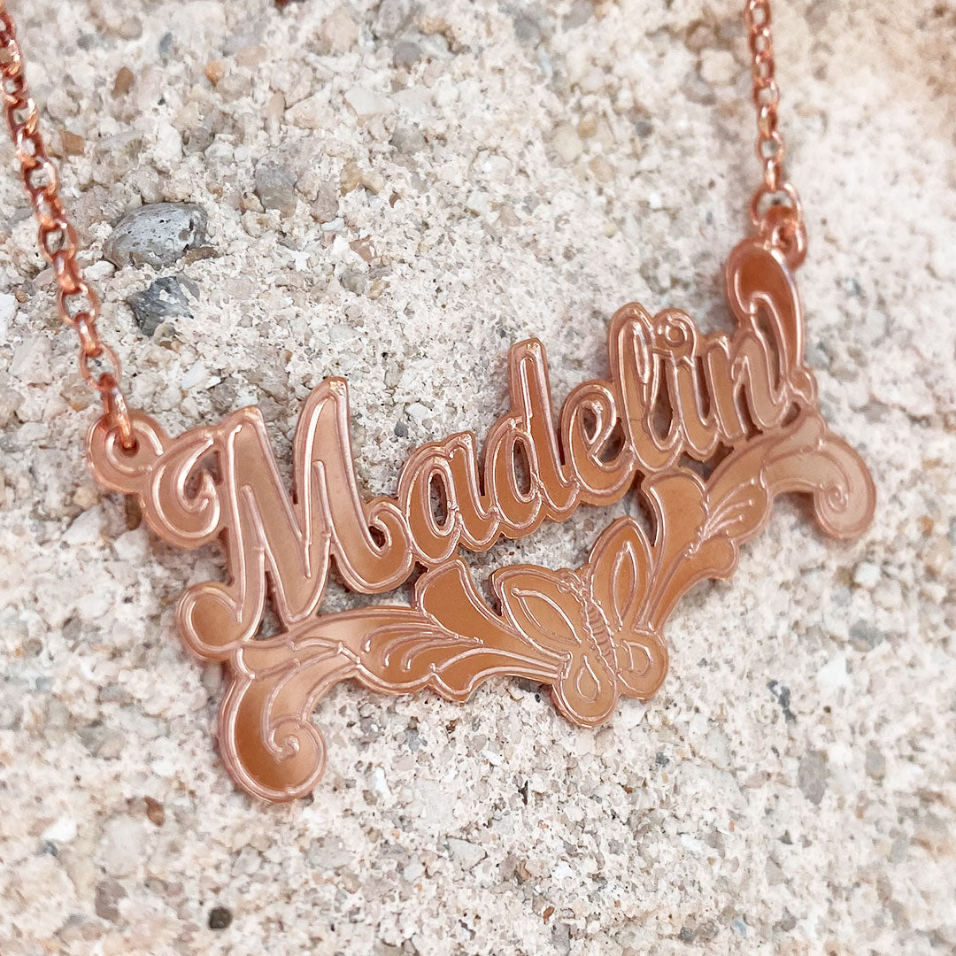 Personalized Cursive Name Plate Pendant with Butterfly Underline