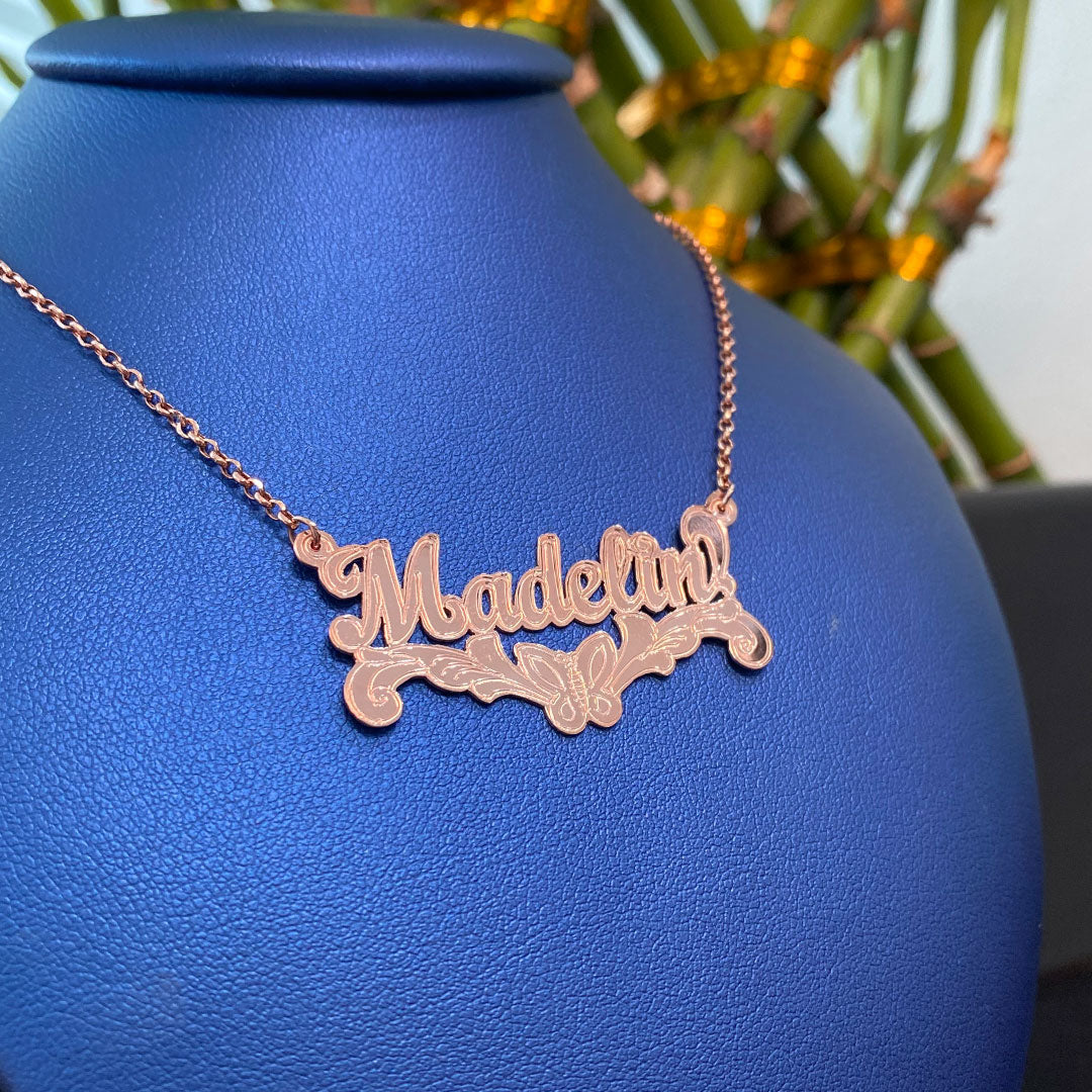 Personalized Cursive Name Plate Pendant with Butterfly Underline