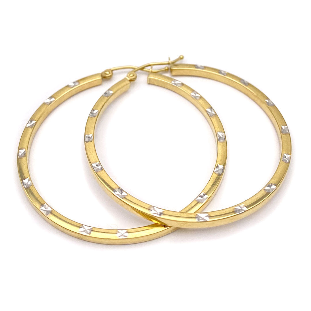 10k Two-tone Diamond Cut Hoop Earrings