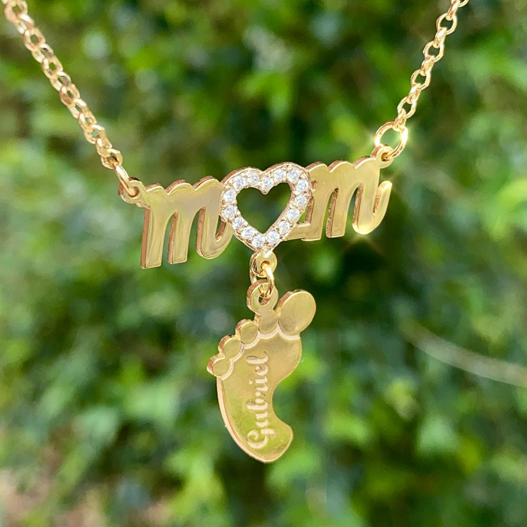 Mom Personalized Baby Foot Pendant with Genuine Diamonds