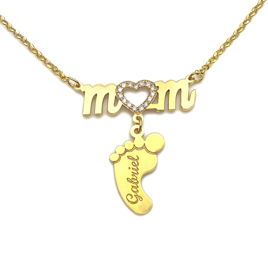 Mom & Personalized Baby Foot Pendant with Genuine Diamonds