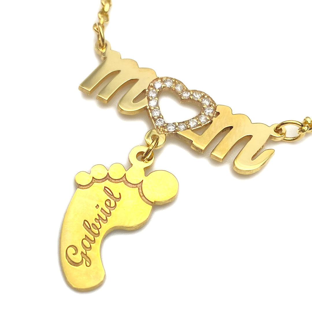 Mom & Personalized Baby Foot Pendant with Genuine Diamonds