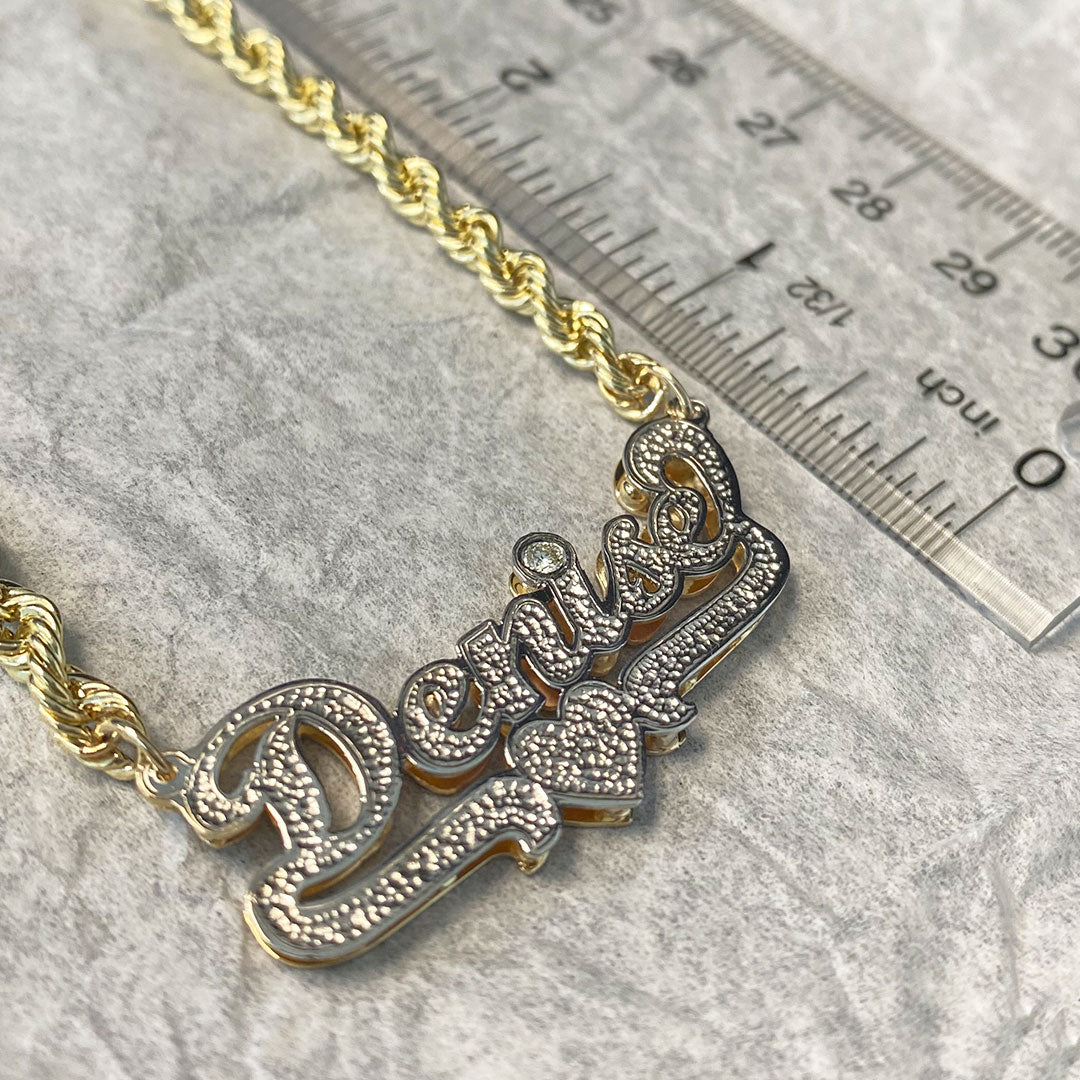 Personalized Cursive Double Name Plate Pendant with Heart Underline and Genuine Diamond